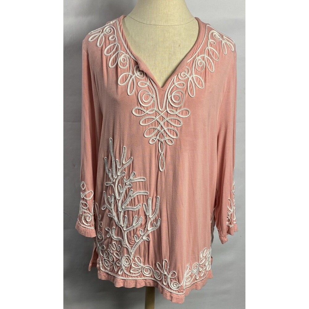 bua bua Coral  Women’sTunic Top White Soutache Blouse 3/4 Sleeved Sz XL